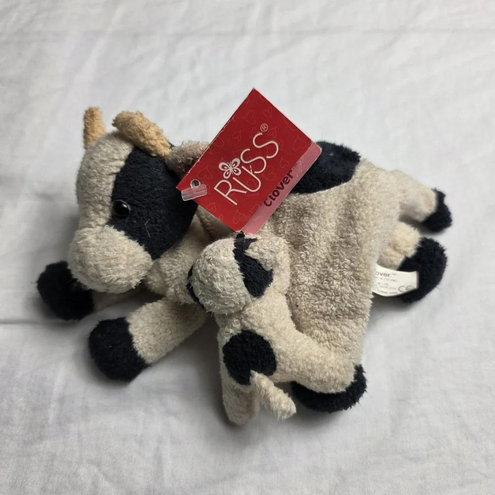 Russ Berrie Co Clover Cow Mom Baby Calf Plush Beanbag